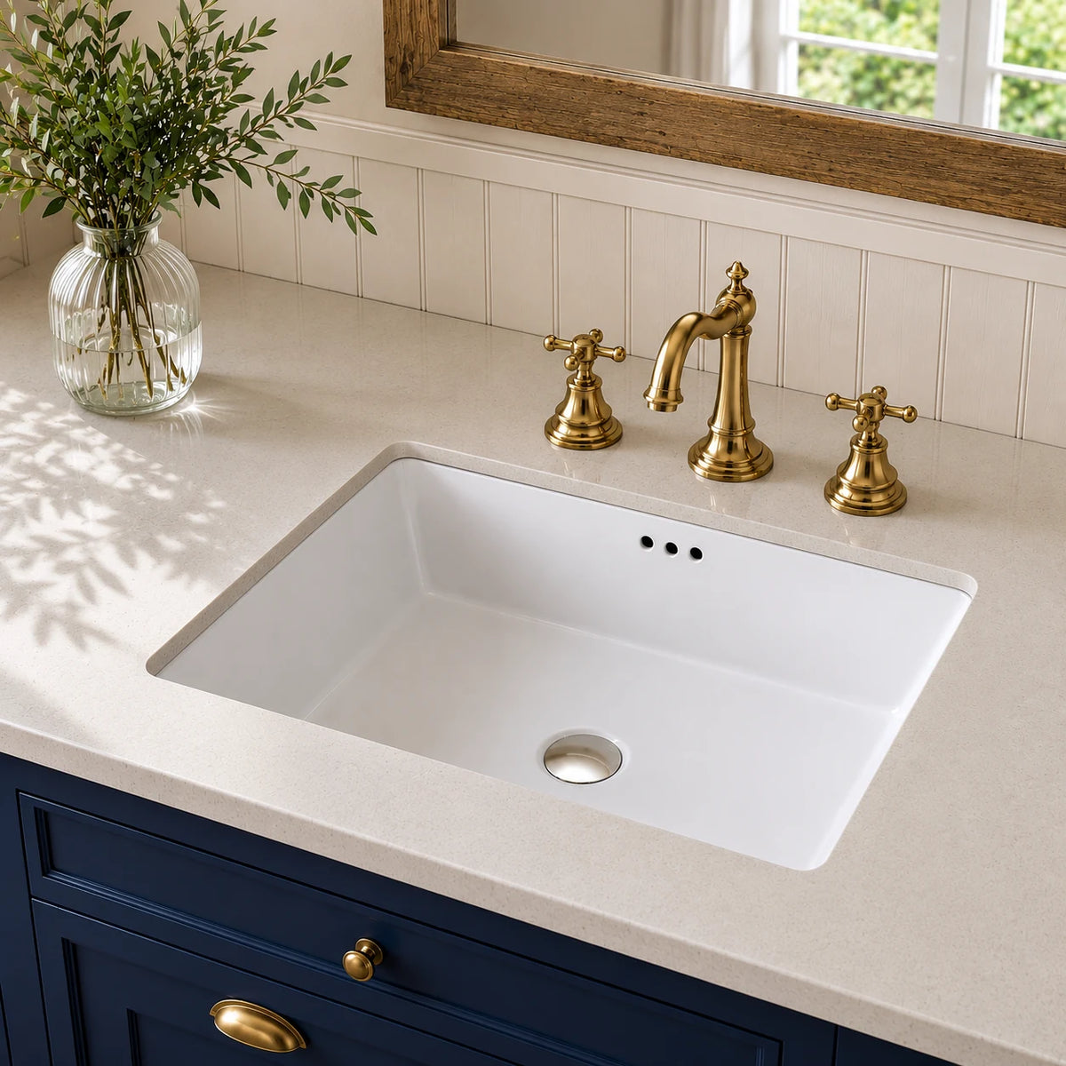 Ceramic undermount bathroom sink installed in a styled bathroom — lifestyle scene, SANIKB SN029.
