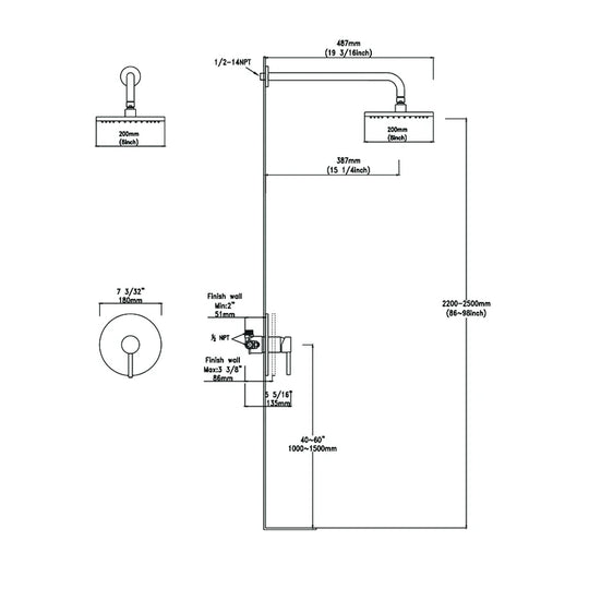 Dimensioned spec drawing for SANIKB F348308 concealed shower faucet, 8" round head (200 mm); 19 3/16" arm reach (487 mm); round trim plate 7 3/32" (180 mm)