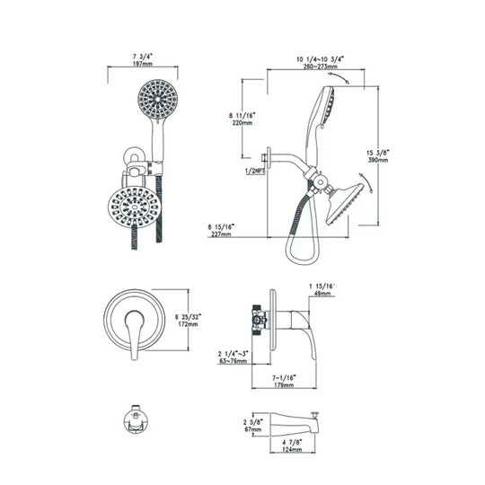 Dimensioned spec drawing for SANIKB F364306 concealed shower faucet, 7 3/4" shower head (197 mm); round trim plate 6 25/32" (172 mm); tub spout 4 7/8" reach (124 mm)