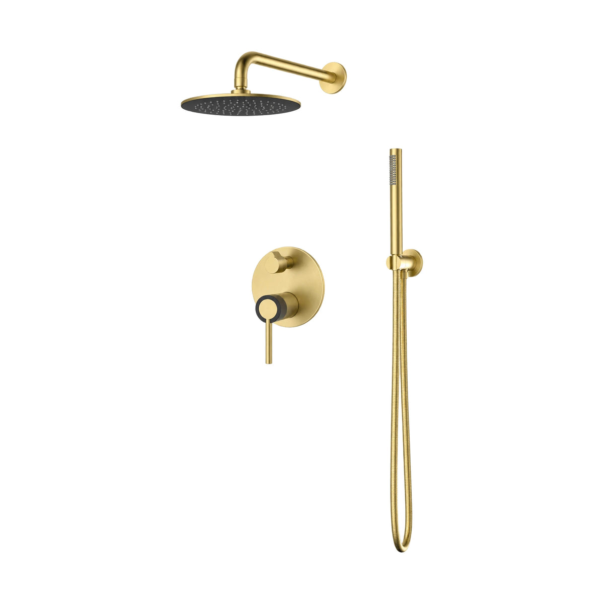 Brushed gold concealed shower system with round rain head, round trim, black-collar lever and slim handheld — SANIKB SP1025A 22 47 2