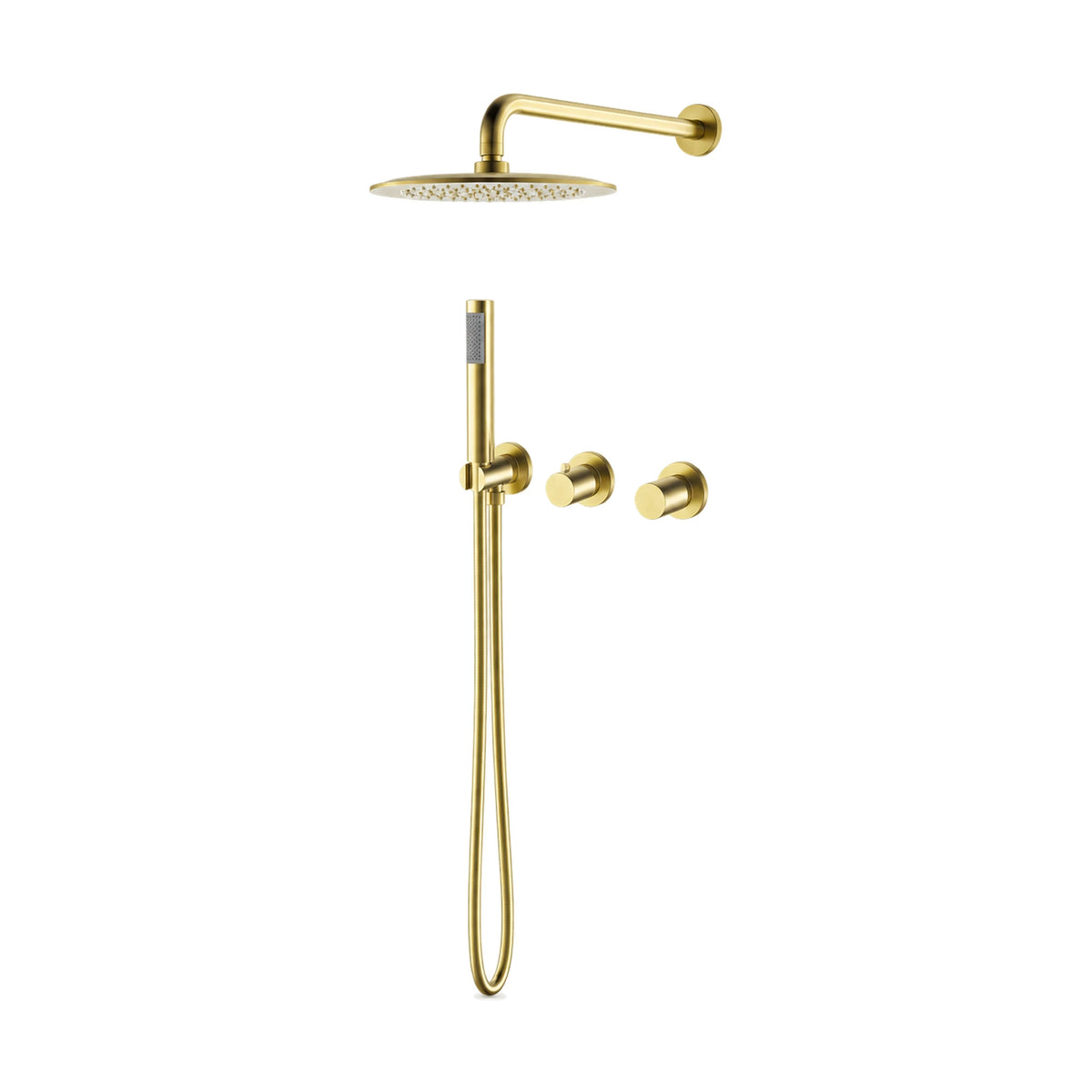 Brushed gold concealed shower system with round rain head, two knurled round knobs and stick hand shower — SANIKB SO099G 22 43 1