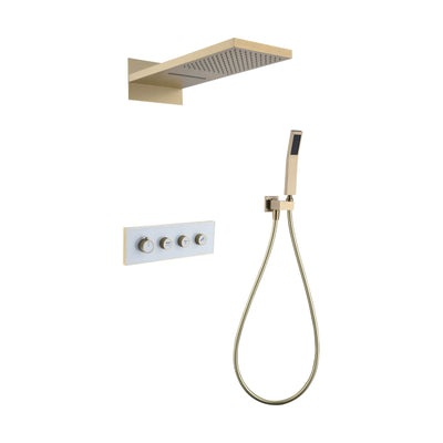 Brushed gold concealed shower system with waterfall-style wall head, white four-knob panel and handheld — SANIKB DL-08 735-LSJ