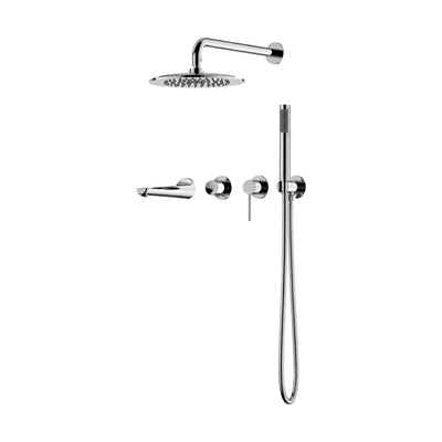 Chrome concealed shower system with round rain head, flat wall tub spout, knob and lever and hand shower — SANIKB SO099C 23 01 1