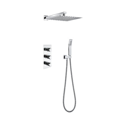 Chrome concealed shower system with three stacked knurled knobs, ultra-thin square rain head and handheld — SANIKB DL-08 733-CP