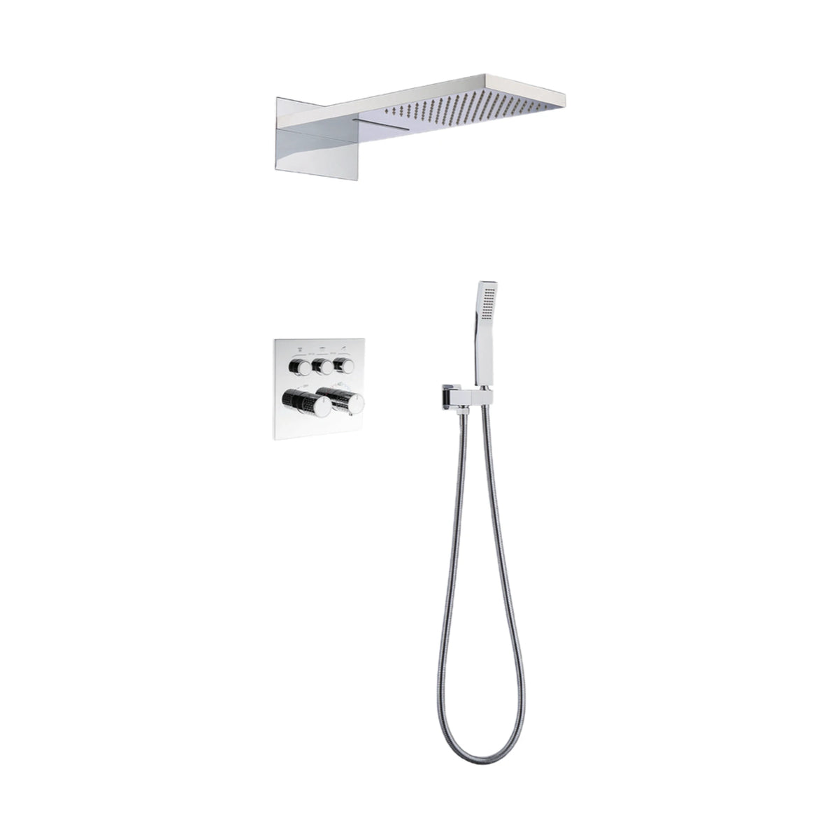 Chrome concealed shower system with waterfall-style wall head, square three-knob lever plate and handheld — SANIKB DL-08 734-CP