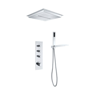 Chrome concealed shower system with flush ceiling rain panel, vertical knob plate and handheld with shelf — SANIKB DL-08 520-CP