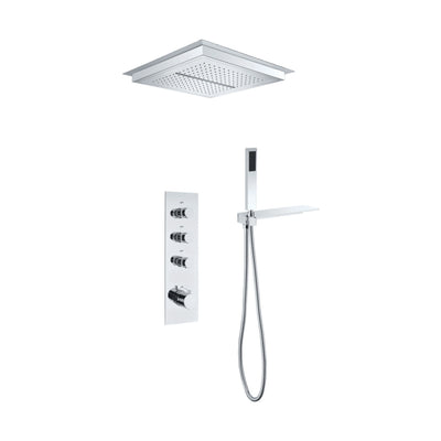 Chrome concealed shower system with flush ceiling rain panel, vertical knob plate and handheld with shelf — SANIKB DL-08 520-CP