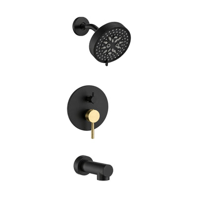 Matte black multi-spray shower head, round black trim with gold pin lever and black tub spout — SANIKB S133A 23 47 2
