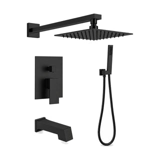 Matte black square concealed shower system with rain head, square tub spout, handheld and flat lever trim — SANIKB S008A 03 31 1