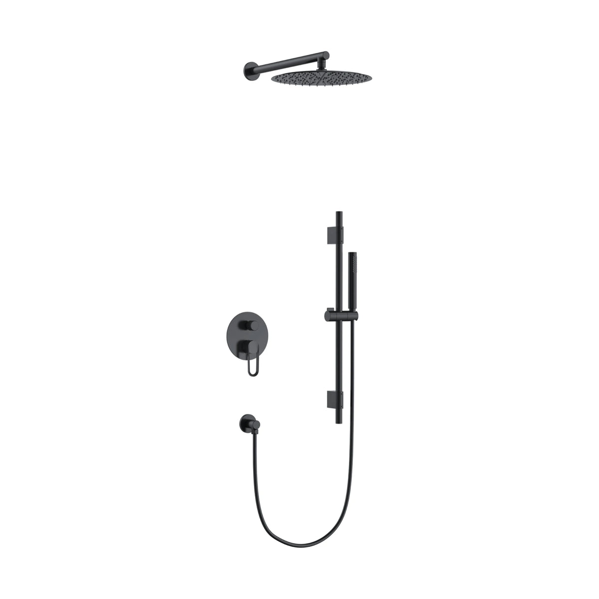 Matte Black — Matte black concealed shower system with open-loop lever trim, thin round rain head and slide bar handheld — SANIKB DL-08 718-BK