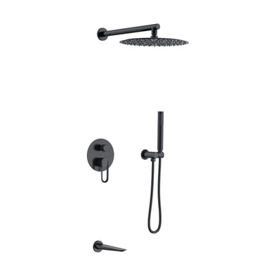 Matte Black — Matte black concealed shower system with open-loop lever trim, round rain head, handheld and wall tub spout — SANIKB DL-08 719-BK