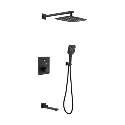 Matte black concealed shower system with push-button plate, square rain head, square handheld and tub spout — SANIKB DL-08 530-BK