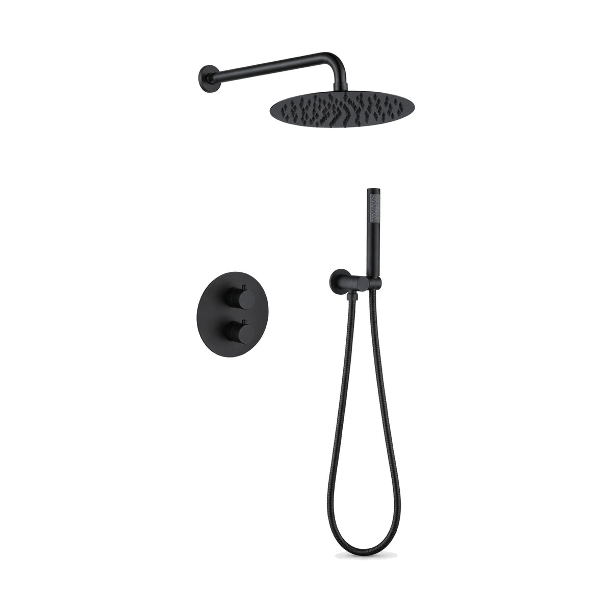 Matte black concealed shower system with round two-knob plate, curved-arm rain head and stick handheld — SANIKB DL-08 527-BK