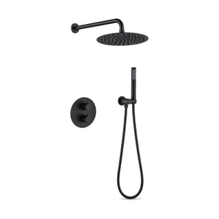 Matte black concealed shower system with round two-knob plate, curved-arm rain head and stick handheld — SANIKB DL-08 527-BK