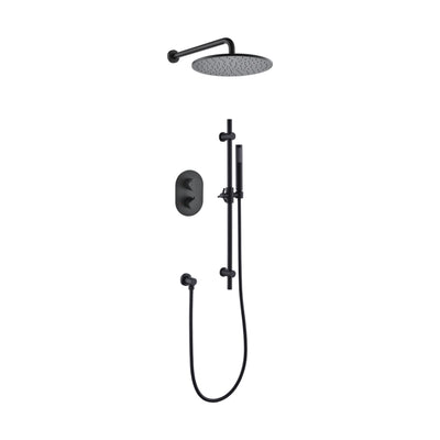 Matte black concealed shower system with oval two-knob plate, round rain head and slide bar handheld — SANIKB DL-08 535-BK