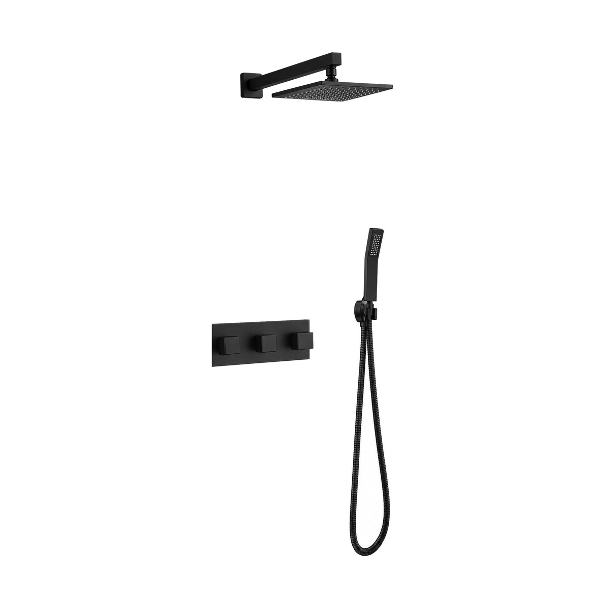 Matte black concealed shower with three square knobs on long plate, square rain head and stick handheld — SANIKB DL-08 540-BK