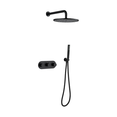 Matte black concealed shower, three round knobs on round-ended plate, round rain head and stick handheld — SANIKB DL-08 541-BK