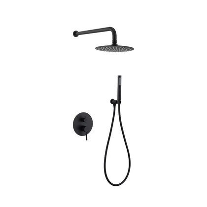 Matte black concealed shower faucet for the shower, stainless steel body, round rain head with slim hand spray — SANIKB FYF-9012-1.