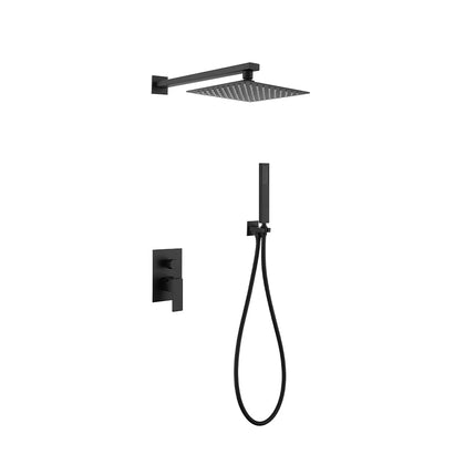Matte black concealed shower faucet for shower, stainless steel body, square rain head and handheld wand — SANIKB FYF-9012-3.