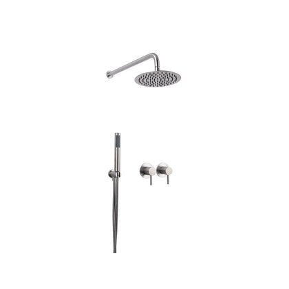 Brushed nickel concealed shower faucet for shower, stainless steel body, round rain head, twin lever mixers — SANIKB FYF-9018