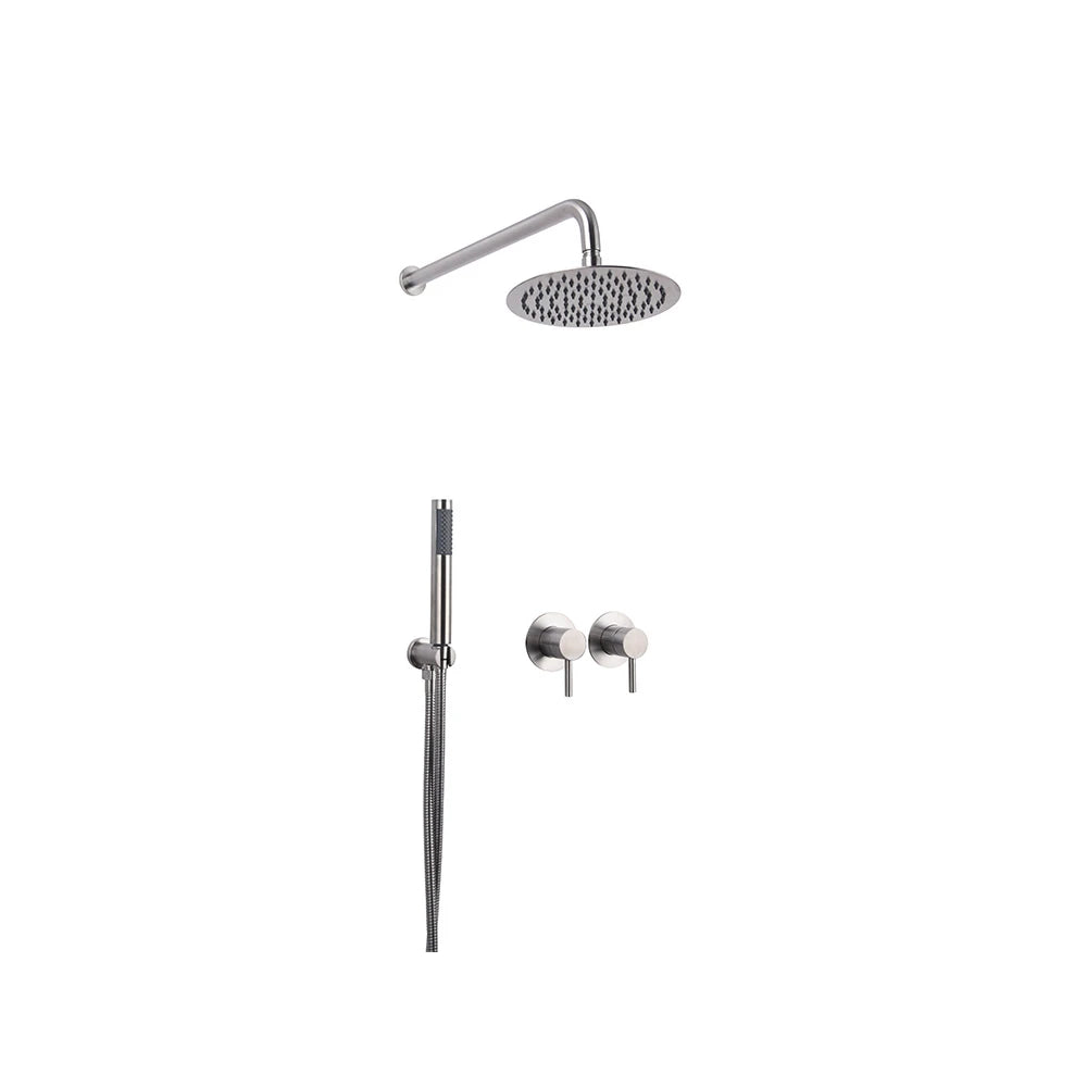 Brushed nickel concealed shower faucet for shower, stainless steel body, round rain head, twin lever mixers — SANIKB FYF-9018