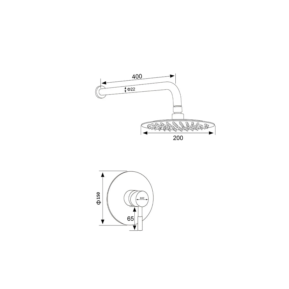 Dimensioned spec drawing for SANIKB FYF-9011-1 concealed shower faucet: 400mm arm, 200mm round rain head, Φ150 trim plate.