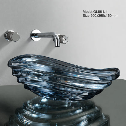 Blue-grey conch glass vessel sink with chrome wall faucet, 500mm seashell basin