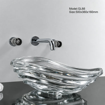 Clear conch-shaped glass vessel sink with chrome wall faucet, 500mm seashell art basin