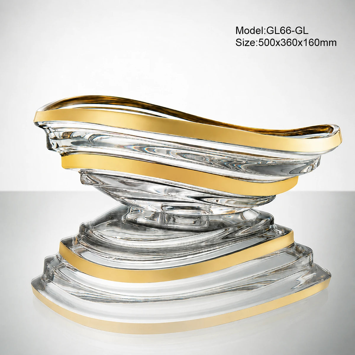 Clear conch glass vessel sink with gold-trimmed rim, sculptural seashell bathroom basin