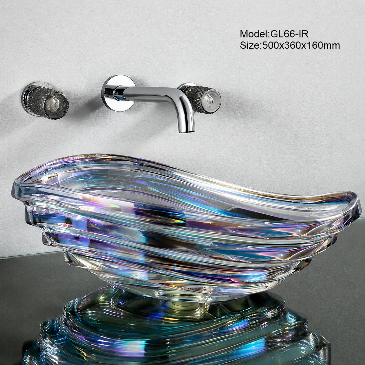Iridescent rainbow conch glass vessel sink with chrome wall faucet, 500mm seashell basin