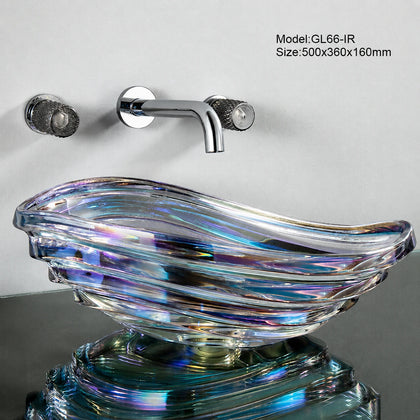 Iridescent rainbow conch glass vessel sink with chrome wall faucet, 500mm seashell basin