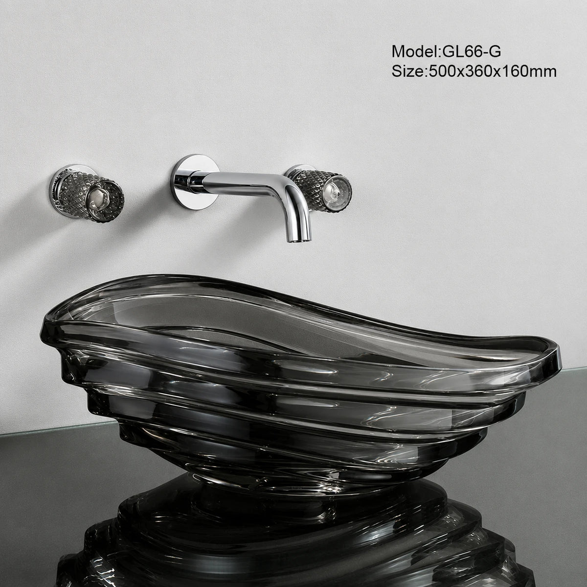 Smoke grey seashell glass vessel sink with chrome wall-mount faucet, 500mm bowl