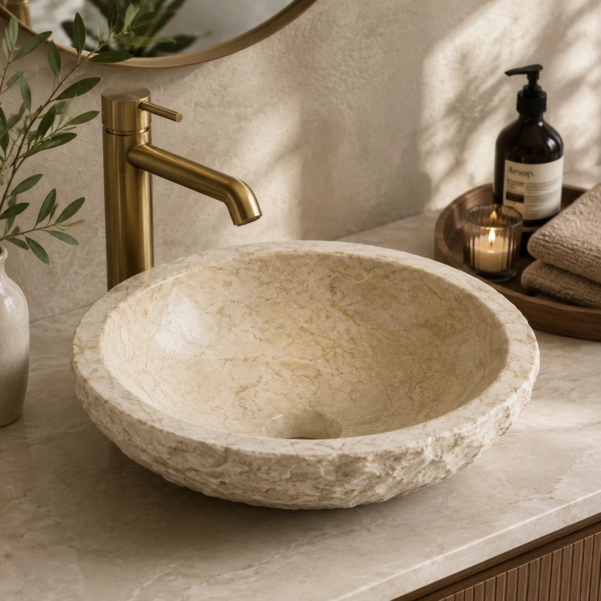 Cream Beige Marble Round Vessel Basin 16.5×5.5
