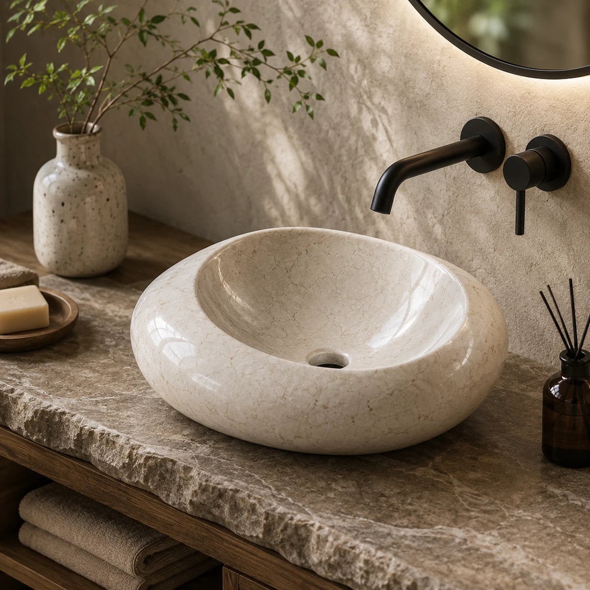 Cream Beige Marble Round Vessel Basin 21.7×17.7