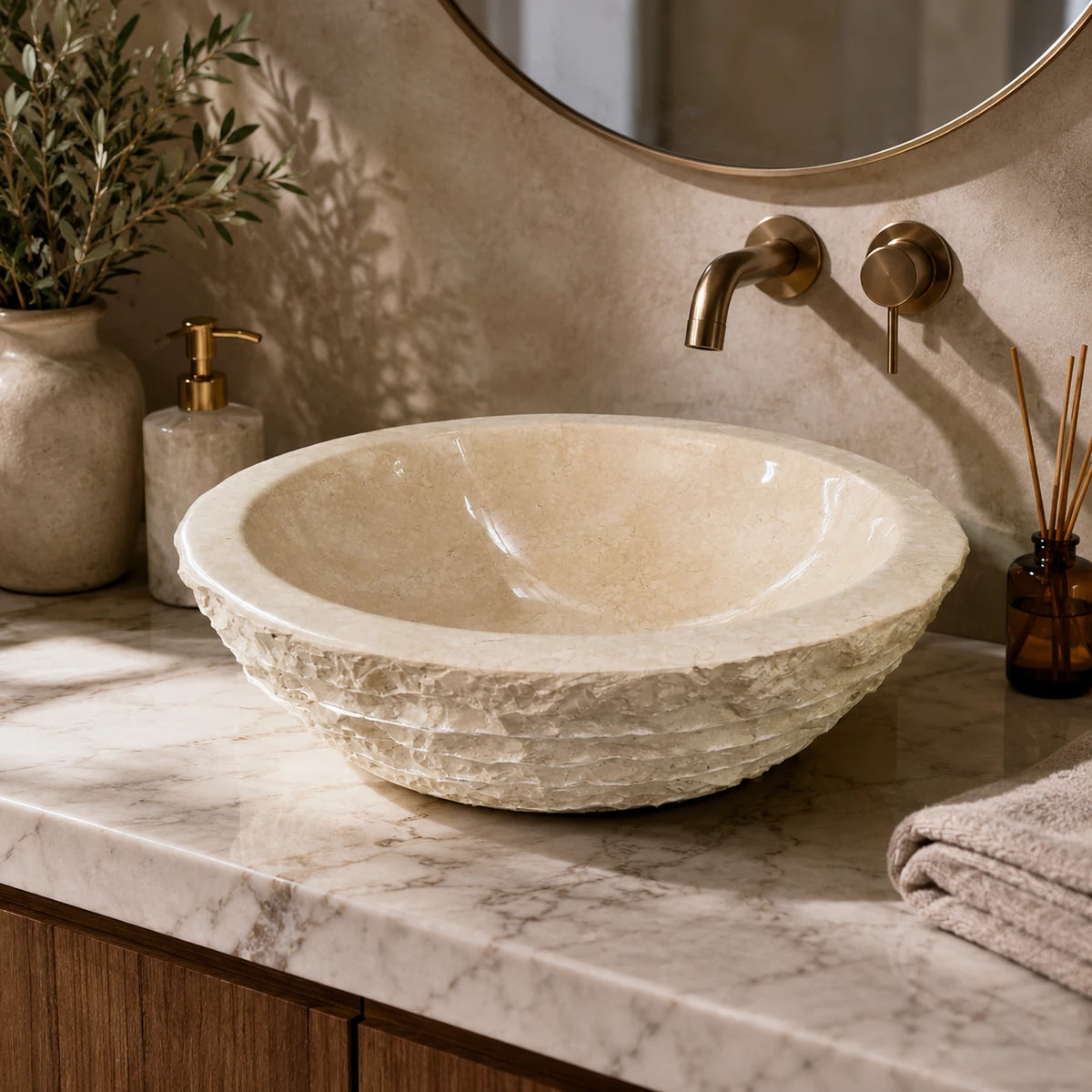 Cream Beige Marble Round Vessel Basin 16.5×5.5