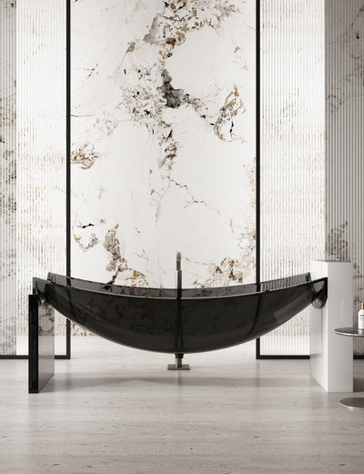 Dark Curved Bathtub on Slim End Supports; original factory model TW-8997T-1 complete product view