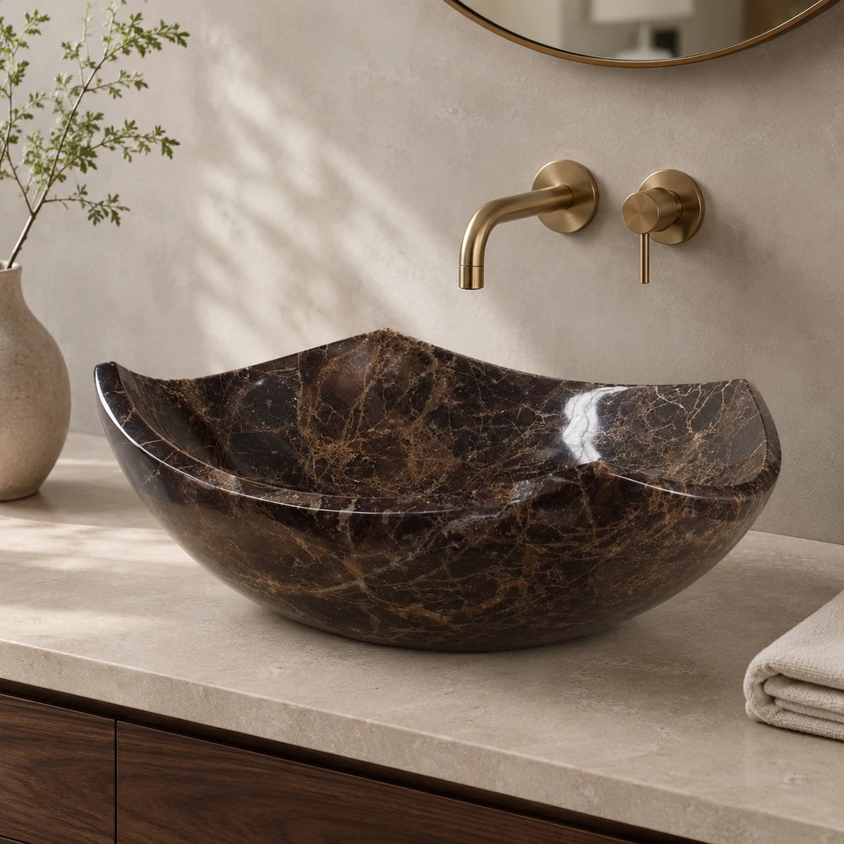 Dark Emperador Marble Boat-Shaped Vessel Basin 16.5×5.9