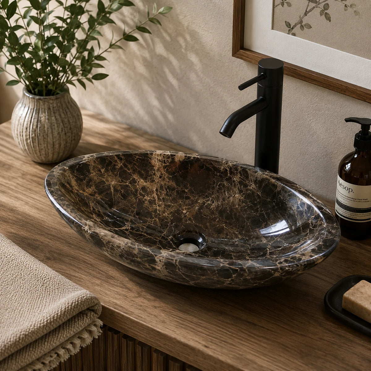 Dark Emperador Marble Boat-Shaped Vessel Basin 23.6×14.2