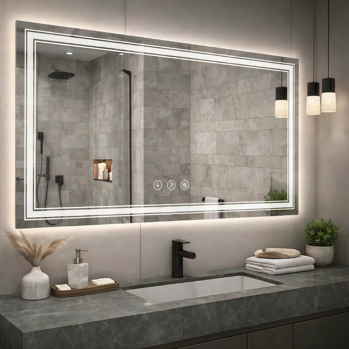Double Border Rectangle LED Mirror — catalog detail view; KS002