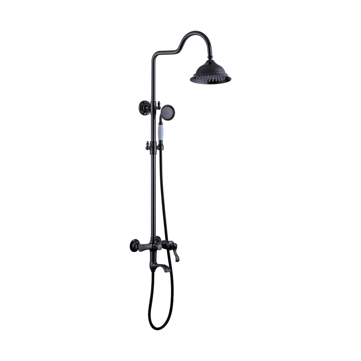 Antique brass shower column with gooseneck riser, bell-shaped rain head, ceramic-look handheld, tub spout — SANIKB DL-08 017-BB