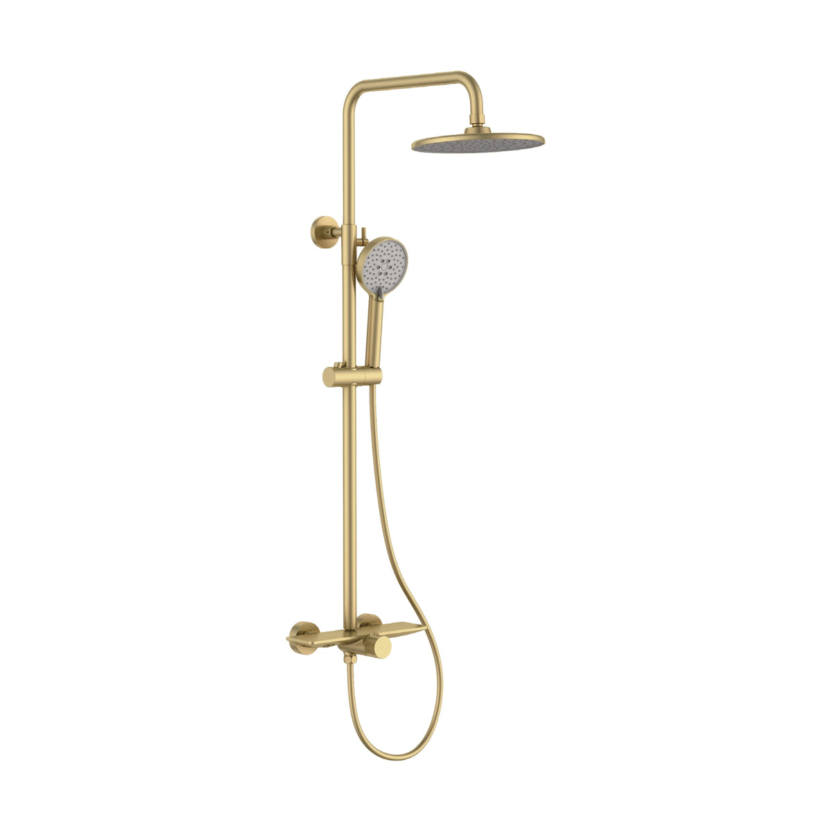 Matte black exposed shower column with round rain head, slide handheld, shelf-top mixer with knurled knob — SANIKB DL-08 175-LSJ
