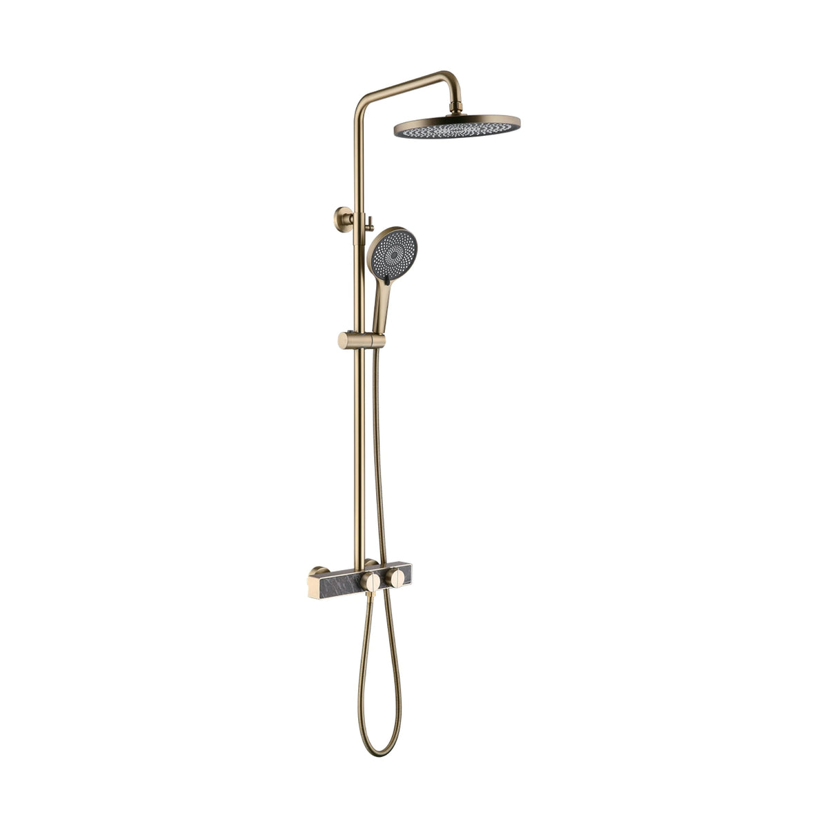 Matte black shower column with round rain head, handheld and rectangular bar mixer with two blade-top knobs — SANIKB DL-08 151-LSJ