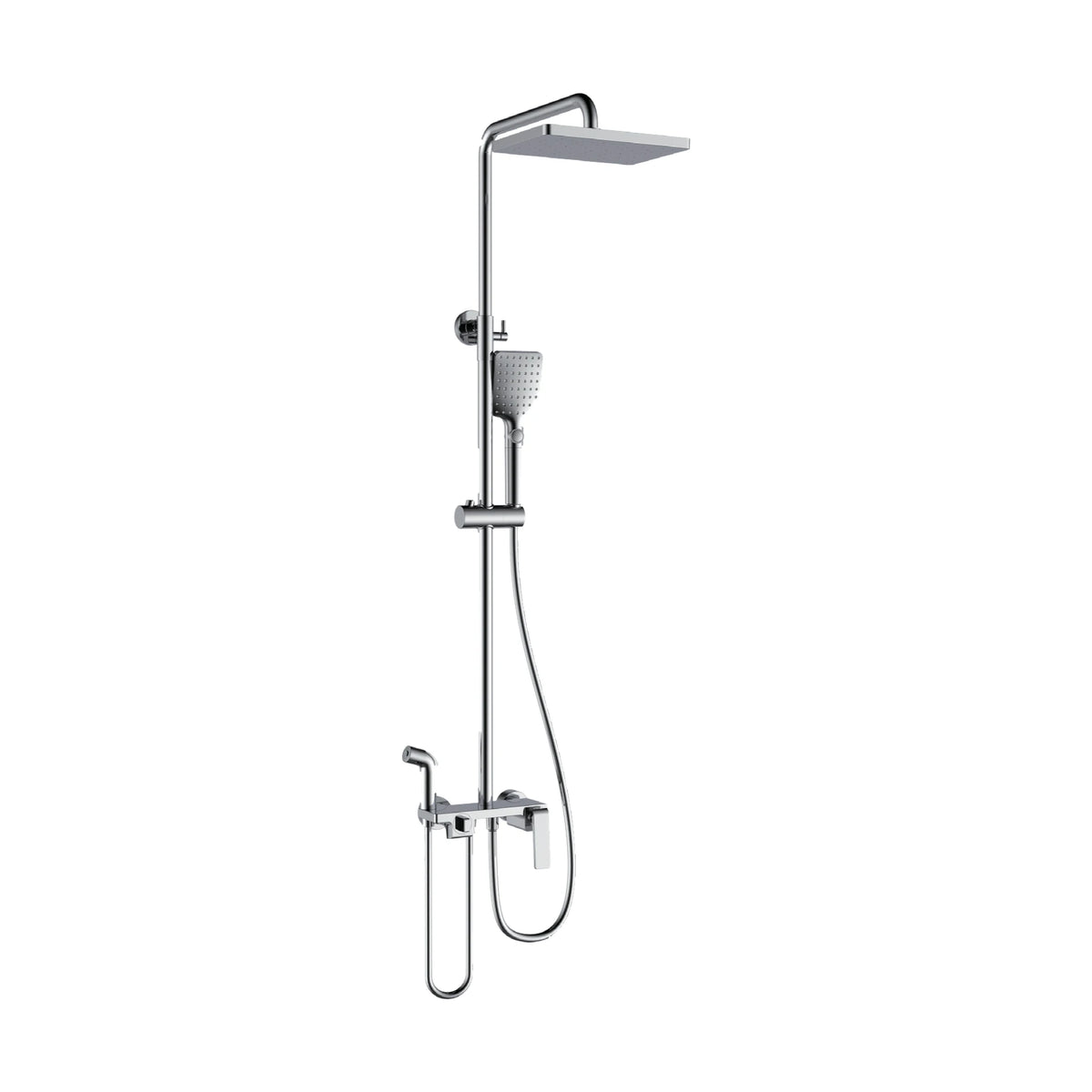 Matte black shower column with square rain head, square handheld, angular flat-blade mixer and spray gun — SANIKB DL-08 507-CP