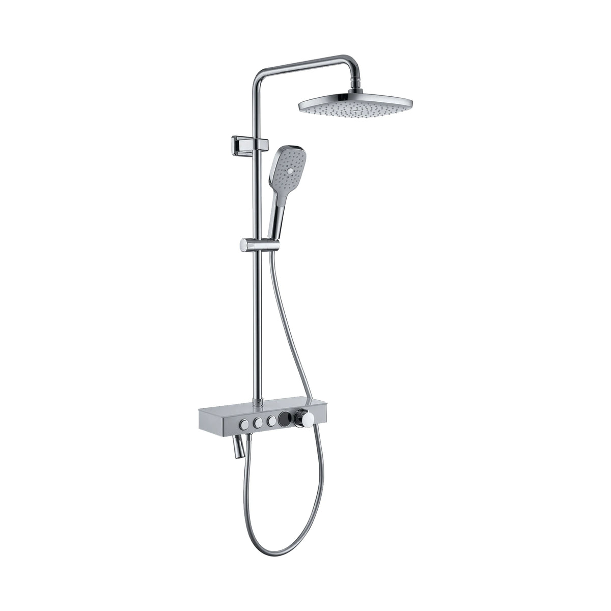Matte black shower column with rounded rain head, square handheld, push-button mixer and side basket rack — SANIKB DL-08 138-CP