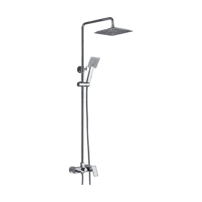 Chrome round-pipe shower column with square rain head, square handheld on slide bar and angular lever mixer — SANIKB DL-08 024-CP