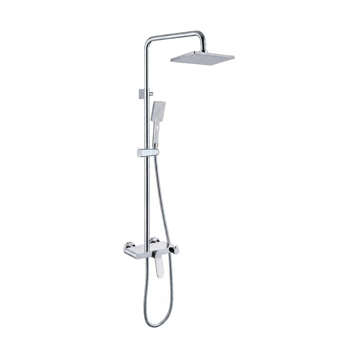 Chrome shower column with square rain head, square handheld and flat-top angular-lever mixer with tub spout — SANIKB DL-08 045-CP