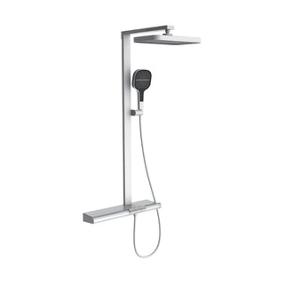Chrome flat rectangular shower column with rectangular rain head, handheld on holder and long shelf mixer — SANIKB DL-08 180-CP