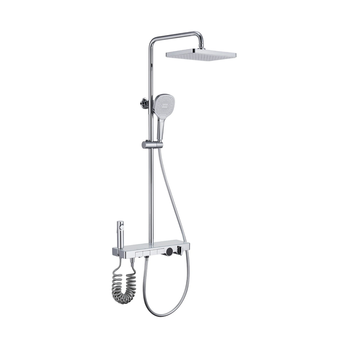 Chrome shower column with square rain head, slide-bar handheld, push-button shelf mixer, coiled spray gun — SANIKB DL-08 183-CP