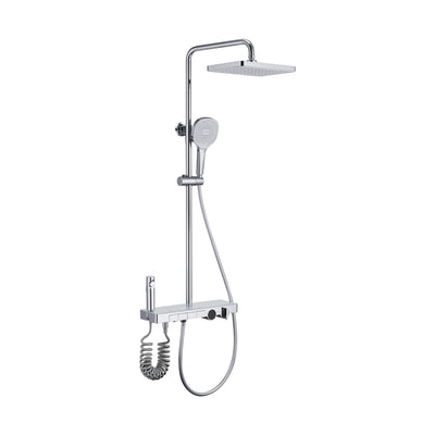 Chrome shower column with square rain head, slide-bar handheld, push-button shelf mixer, coiled spray gun — SANIKB DL-08 183-CP