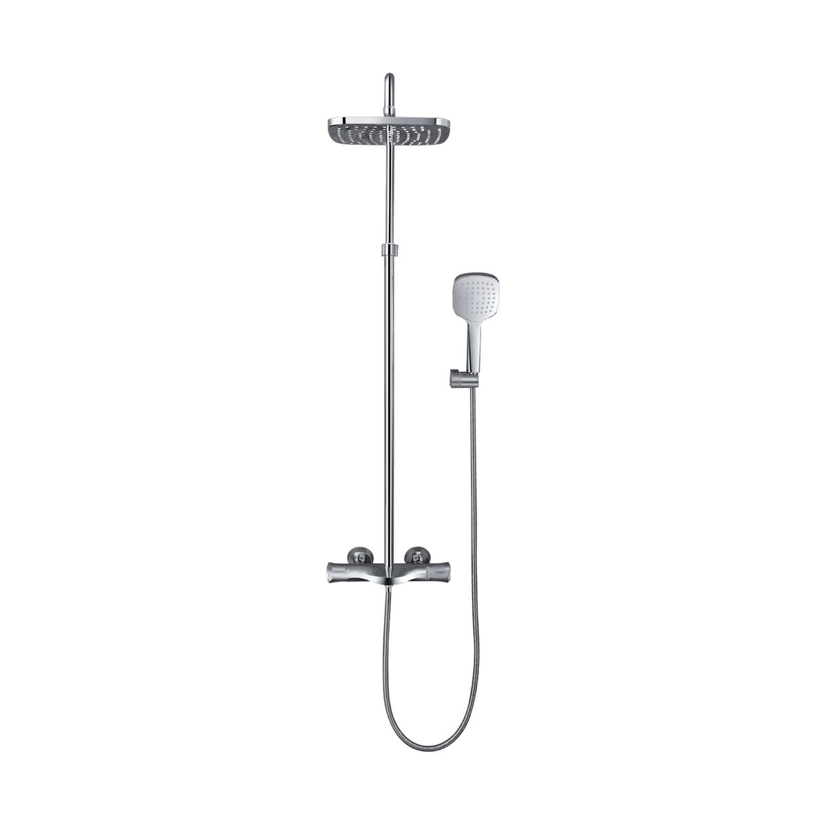 Chrome shower column with top-mounted rounded rain head, square handheld and bar mixer with two end knobs — SANIKB DL-08 504-CP